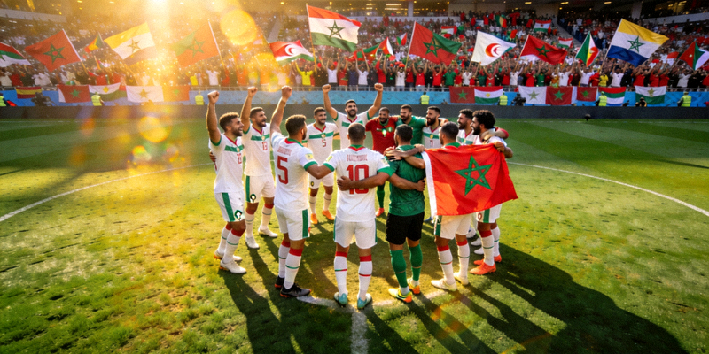 世界杯黑马球队摩洛哥队庆祝胜利的团队画面